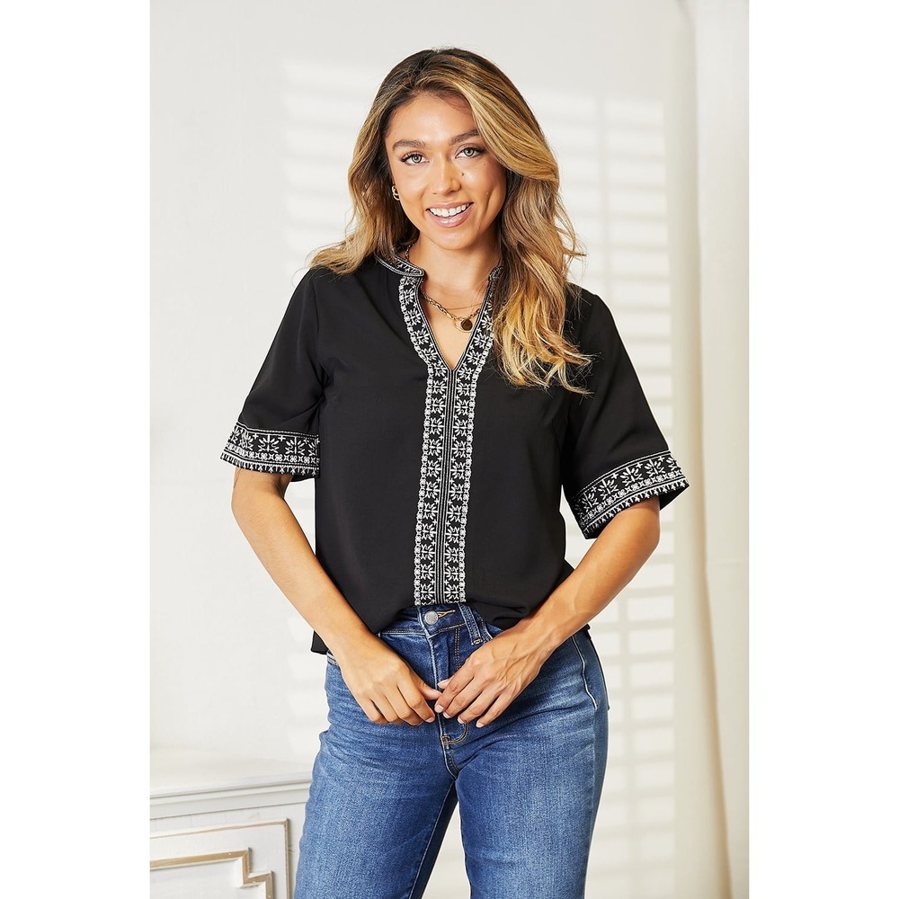 Double Take Embroidered Notched Neck Top - Small